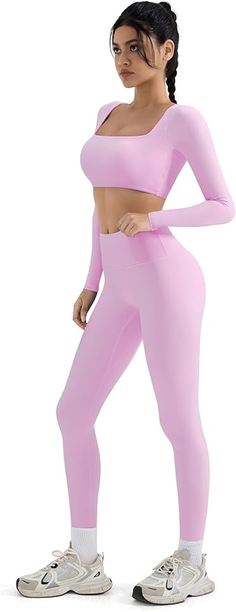 SUUKSESS Women 2 Piece Workout Sets Compression Tummy Control Leggings with Pockets Long Sleeve Square Neck Padded Crop Tops