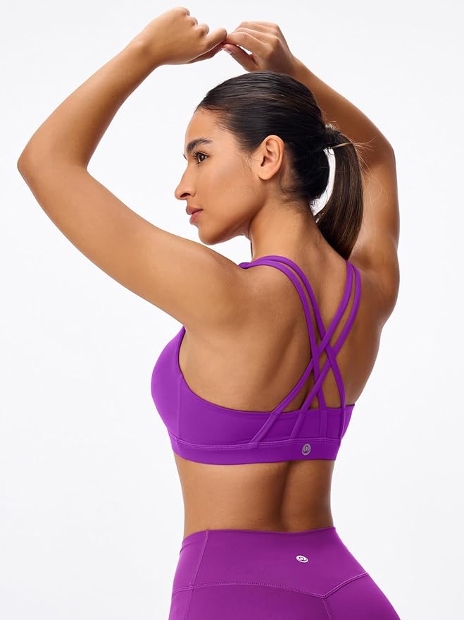Women's Strappy Sports Bras Light Compression Crop Criss Cross Back Padded Workout Yoga Bra Supportive U Neckline