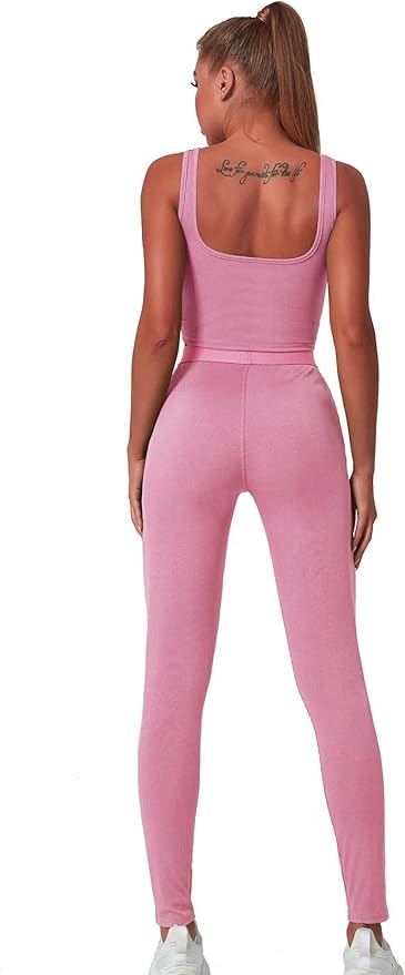 LICOBOD Casual Workout Sets 2 Piece Outfits for Women Ribbed Crop Tank Top High Waist Yoga Leggings Lounge Wear Tracksuit