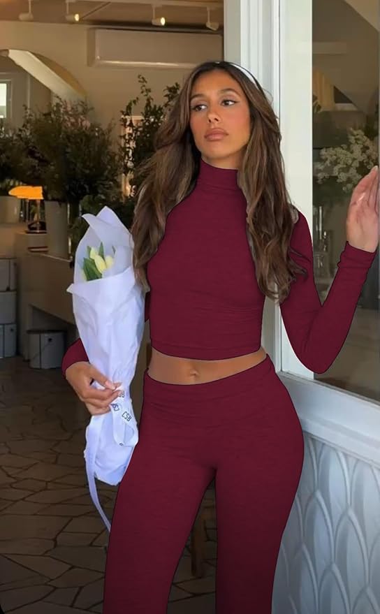 ZFLM Casual Workout Two Piece Outfits Long Sleeve High Waist Fold-Over Flared Leggings Pants Tracksuit Sets Streetwear
