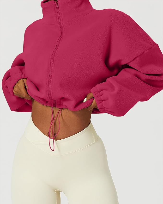 QINSEN Women's Full Zip Fleece Short Jacket Warm Winter Long Sleeve Stand Collar Sherpa Crop Coat