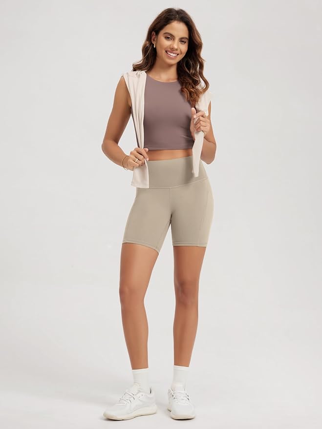 ODODOS Double Layer High Neck Crop Tank for Women Cloud Feeling Sleeveless Casual Yoga Cropped Tops