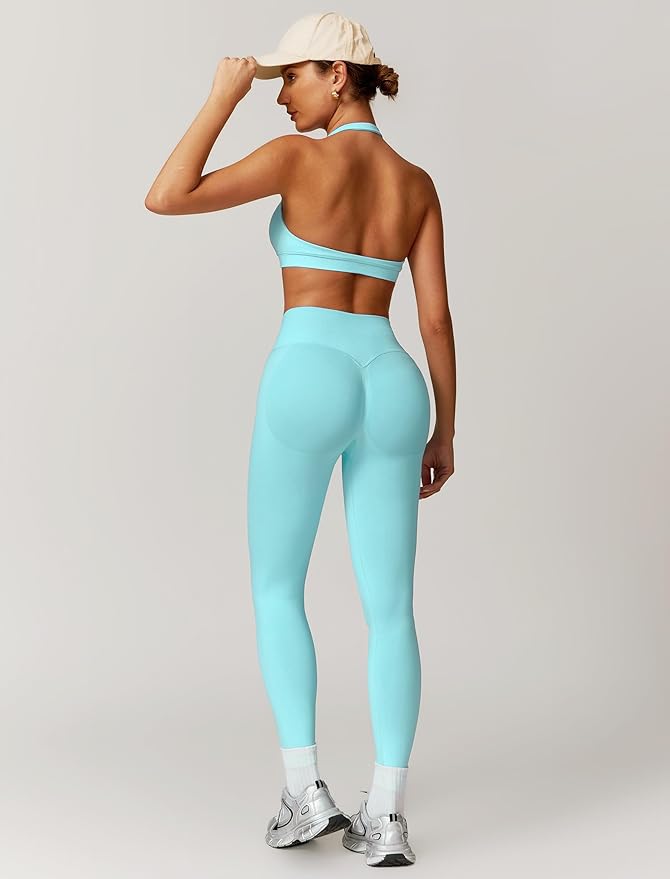 ABOCIW Workout Sets for Women Seamless Scunch Butt Lifting Impact Leggings Halter Sports Bra 2 Piece Gym Outfits