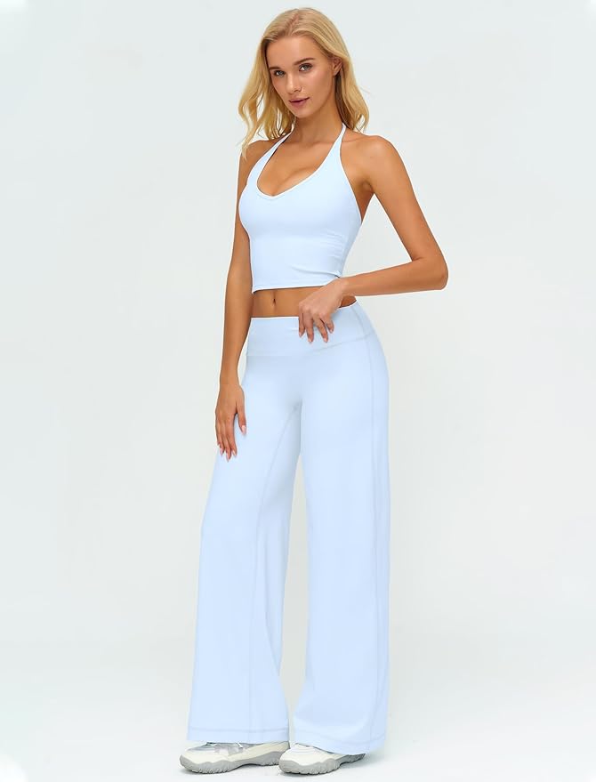 QBGJTD Womens Workout Sets Two Piece Spaghetti Straps Crop Top Matching Straight Leg Pants Gym Work Pilates Outfits