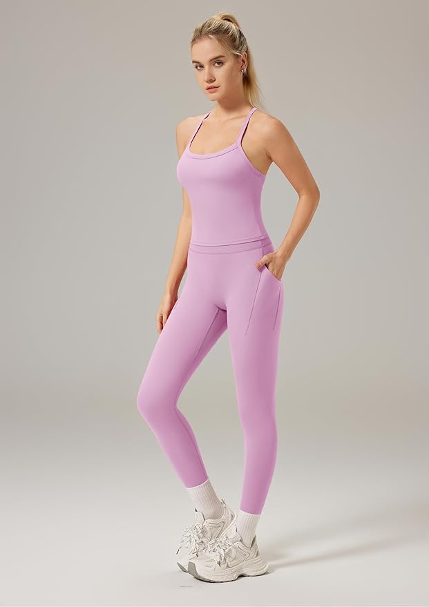 RXRXCOCO Cross Back Workout Sets for Women 2 Piece Padded Tank Tops Hidden Scrunch Leggings Gym Outfits with Pockets