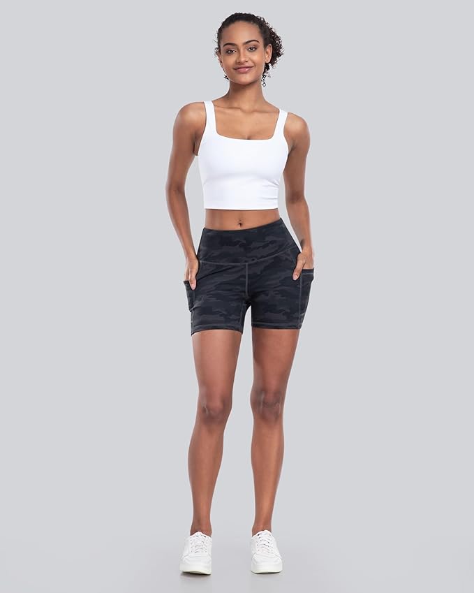 CHRLEISURE Womens Biker Yoga Shorts with Pocket, High Waisted Tummy Control 5 Inch Workout Spandex Athletic Gym Shorts
