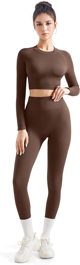 SUUKSESS Women 2 Piece Workout Sets Hidden Scrunch Hip Lifting Seamless Leggings Long Sleeve Yoga Crop Tops
