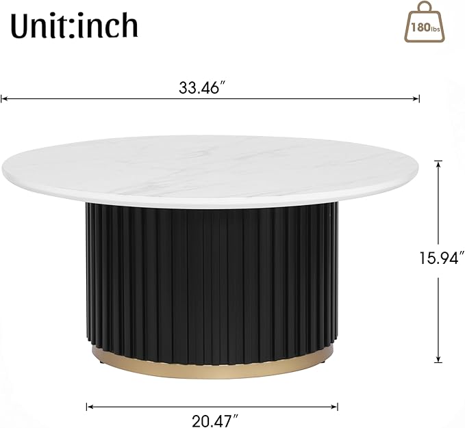 Modern Round Coffee Table with Fluted Pedestal Circle Coffee Table with Faux Marble Tabletop for Bedroom,Apartment,Living Room White