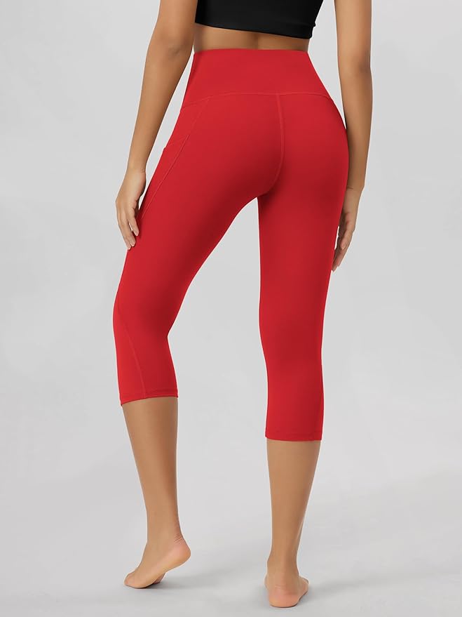 ODODOS Women's High Waisted Yoga Capris with Pockets, Tummy Control Non See Through Workout Athletic Running Capri Leggings