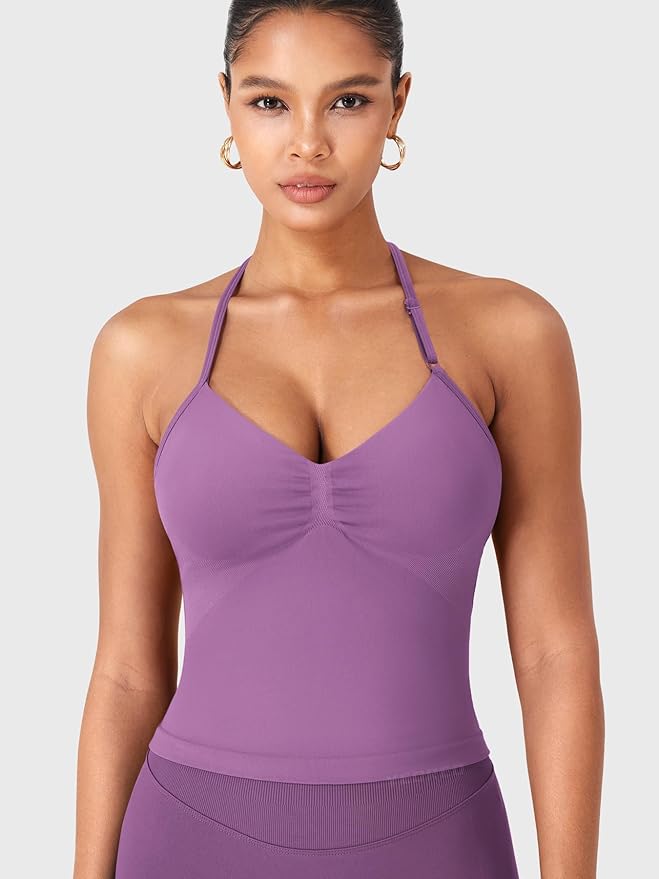 YEOREO SoftHue Impact Longline Strappy Top Women's Halter Workout Tank Tops Backless Gym Longline with Adjustable Strap
