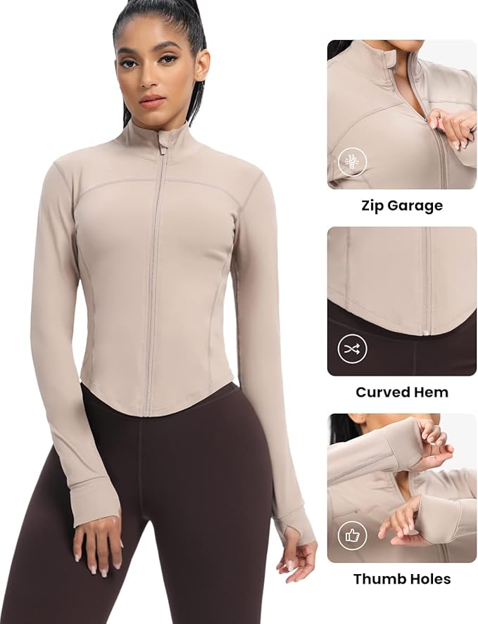 AVGO Women's Cropped Running Workout Jackets Zip Slim Fit Athletic Tops with Thumb Holes