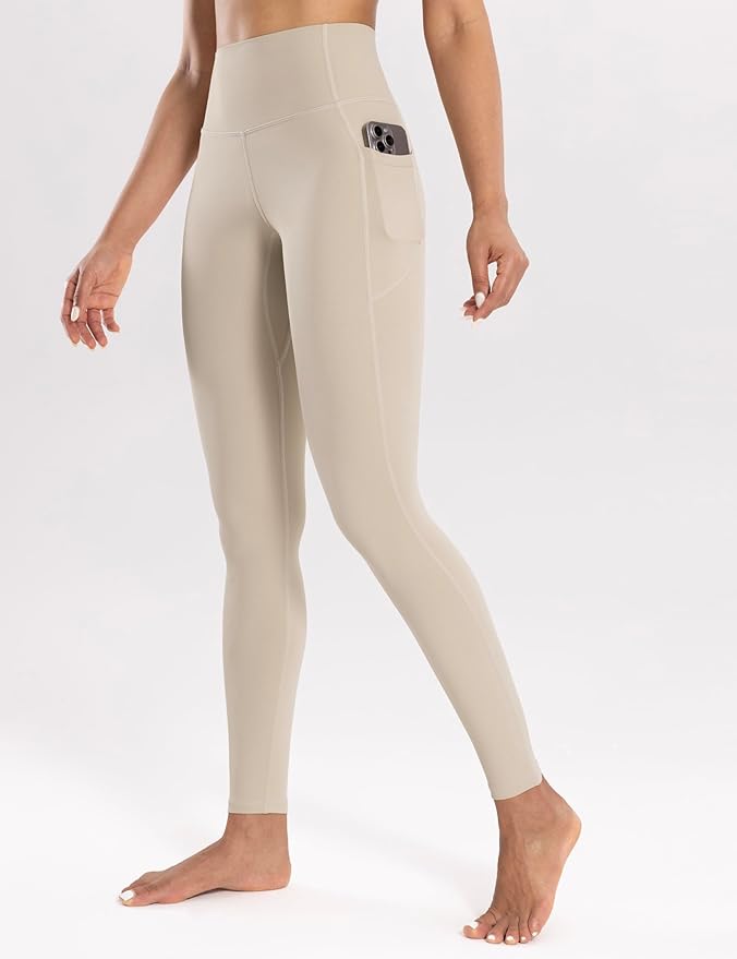 ENERBLOOM Workout Leggings with Pockets for Women High Waist Yoga Pants 25"/28" Cream Soft Lightweight Athletic Gym Tights