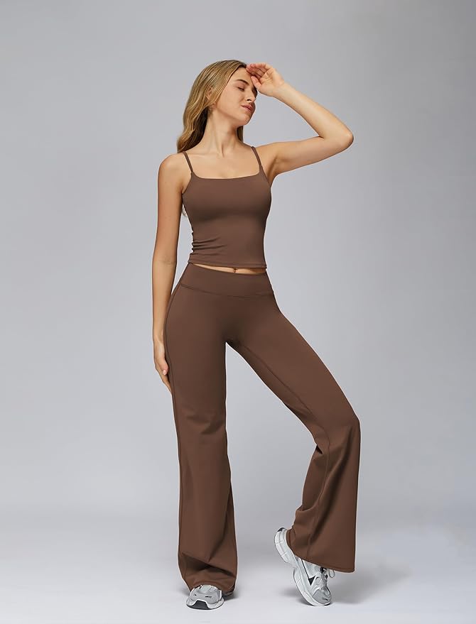 QBGJTD Womens Workout Sets Two Piece Spaghetti Straps Crop Top Matching Straight Leg Pants Gym Work Pilates Outfits