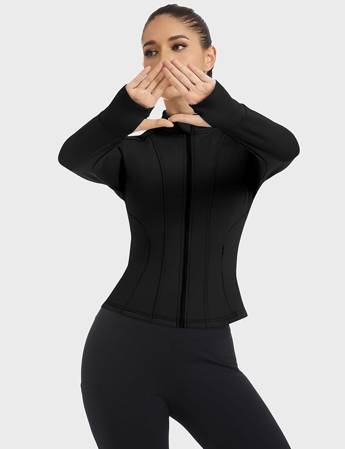 Loovoo Women's Workout Jacket Lightweight Zip Up Athletic Jackets Cropped Slim Fit Running Yoga Tops with Pockets
