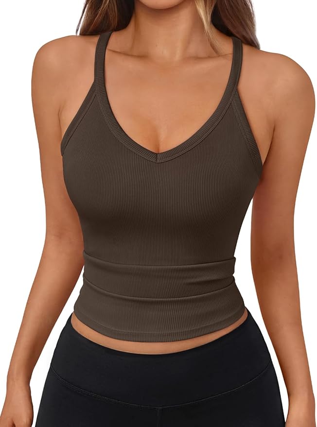 Trendy Queen Womens Racerback Ribbed Tank Tops Soft Stretch V Neck Workout Casual Tops Summer Sleeveless Crop Camisole