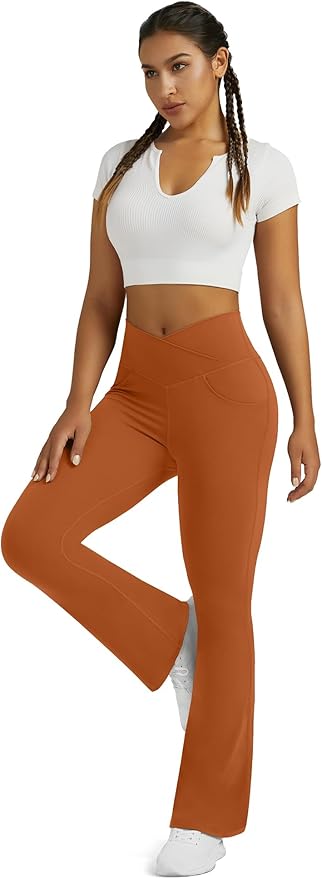 Flare Leggings for Women Yoga Pants with Pockets High Waisted Crossover Flare Leggings Bootcut Casual Yoga Pants