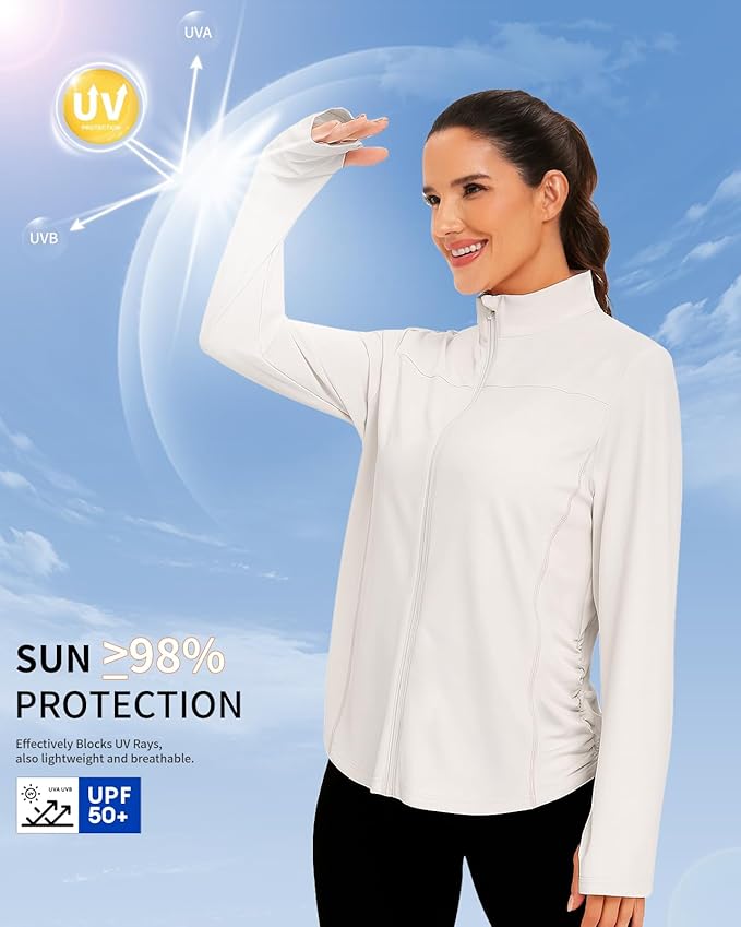 Vldnery Women's UPF 50+ Sun Protection Lightweight Jacket Zip Up Long Sleeve Sun Shirt for Women with Thumb Hole Hiking
