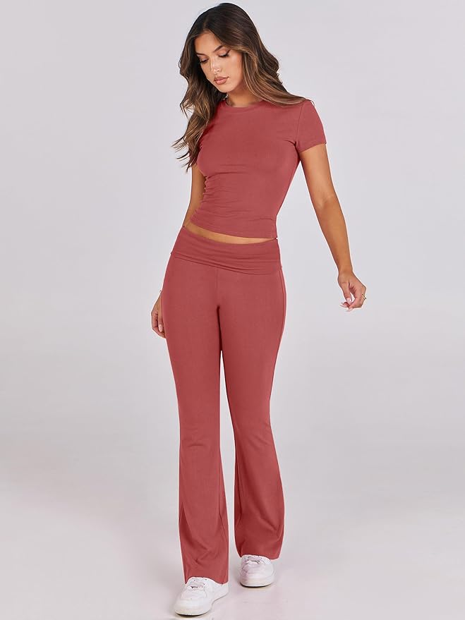 ANRABESS Lounge Sets for Women 2 Piece Foldover Yoga Flare Leggings Pants Crop Tops Casual Y2K Outfits Matching Tracksuit Set