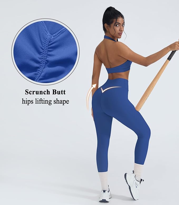 OMKAGI 2 Piece Workout Sets for Women Halter Sports Bras Gym Sets Booty Leggings Outfits