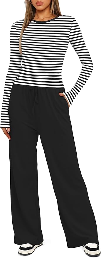 Darong Women's 2 Piece Outfits Lounge Sets 2026 Long Sleeve Tops Wide Leg Pants Casual Matching Set
