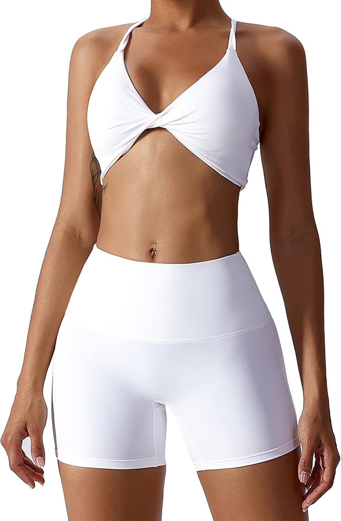 ABOCIW Workout Sets for Women 2 Piece Twist Front Halter Sports Bras High Waist Biker Shorts Exercise Gym Yoga Outfit