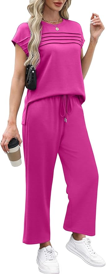 WIHOLL Two Piece Sets for Women Summer Spring Travel Vacation Outfits Cap Sleeve Lounge Matching Sets Wide Leg Pants S-3XL