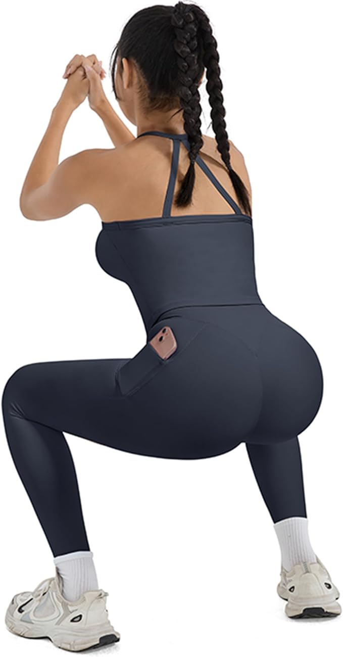SUUKSESS Women 2 Piece Workout Sets Compression Tummy Control Leggings with Pockets Halter Built in Bra Tank Tops