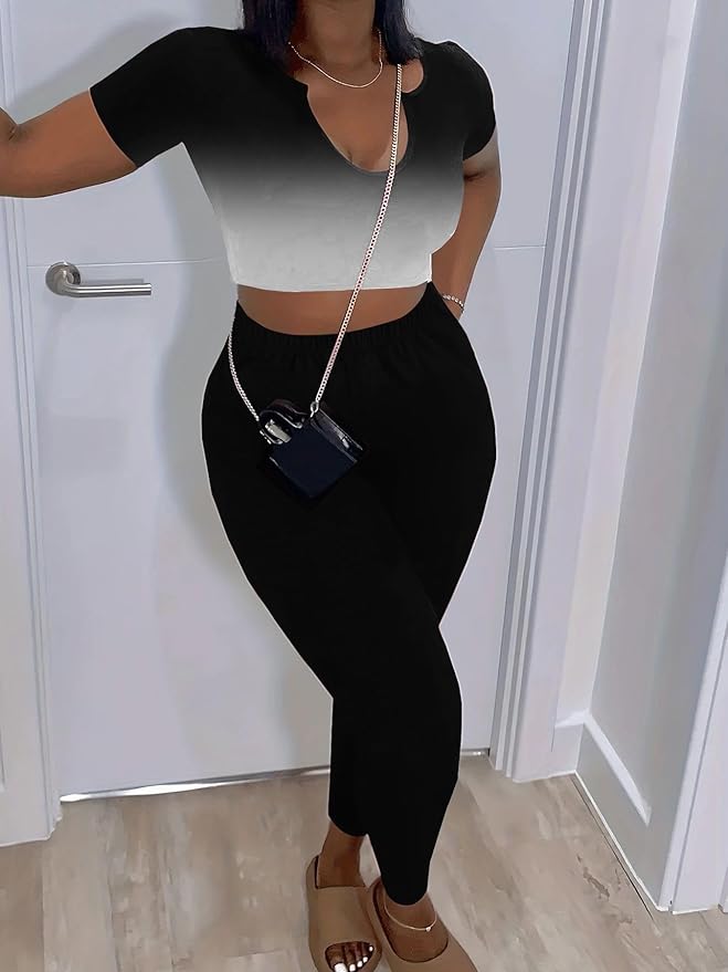 Nimsruc 2 Piece Sets For Women Sexy Casual Workout Crop Short Sleeve Long pants Leggings Sets Summer Active Wear