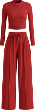 BTFBM Casual 2 Piece Sets For Women Fall Outfits 2026 Ribbed Spring Long Sleeve Crop Top Wide Leg Pants Matching Lounge Set