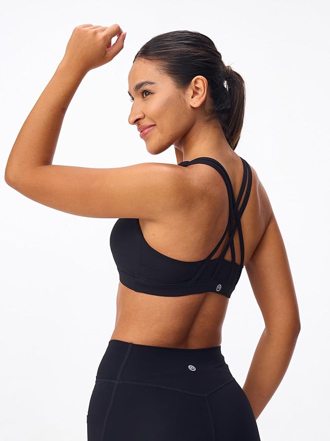 Women's Strappy Sports Bras Light Compression Crop Criss Cross Back Padded Workout Yoga Bra Supportive U Neckline