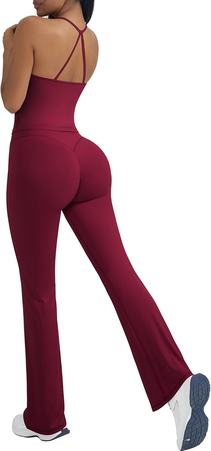 OMKAGI 2 Piece Workout Sets for Women Padded Tank Tops Flare Leggings Pilates Outfits