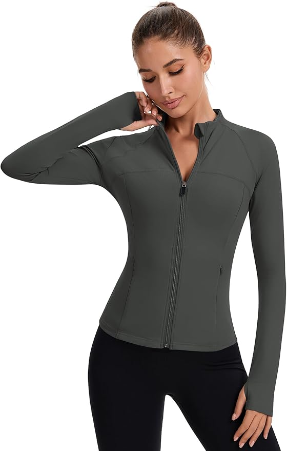 Rapbin Women's Full Zip Workout jackets Runing Slim Fit Athletic Tops With Thumb Holes