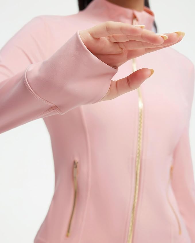 SUUKSESS Women Golden Full Zip Up Workout Cropped Jackets Lightweight Athletic Yoga Tops