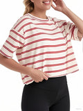 Women's Oversize Workout Crop Tops Casual Short Sleeve Drop Shoulder Boxy T-Shirts Roll Hem Basic Loose Yoga Running Tees