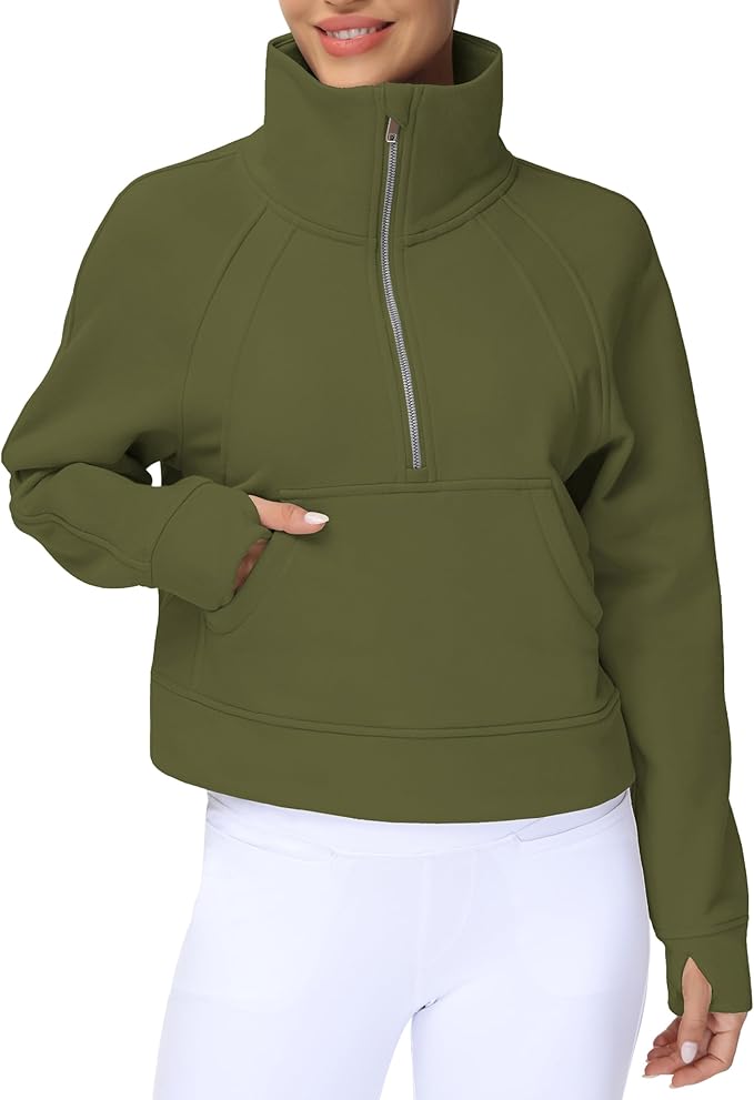 THE GYM PEOPLE Womens' Half Zip Pullover Fleece Stand Collar Crop Sweatshirt with Pockets Thumb Hole