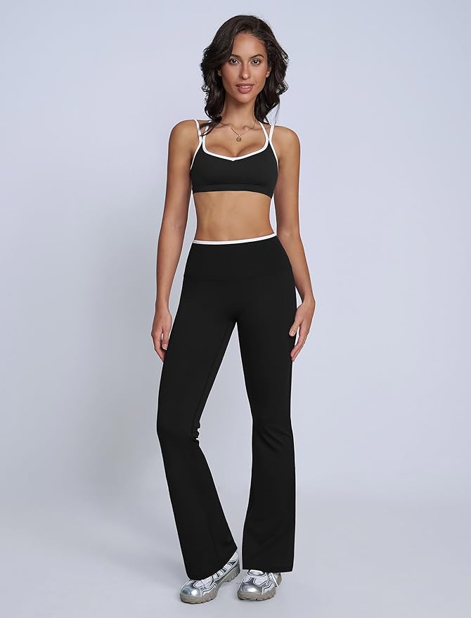 ABOCIW Workout Sets for Women 2 Piece Color Block Strappy Sports Bra High Waist Flare Leggings Gym Yoga Pilates Outfits