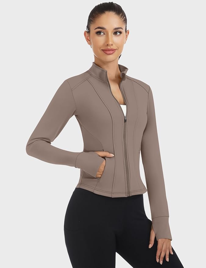 Loovoo Women's Workout Jacket Lightweight Zip Up Athletic Jackets Cropped Slim Fit Running Yoga Tops with Pockets