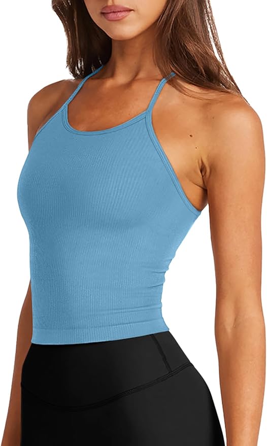 LASLULU Womens Sports Bra Seamless Long Crop Tank Racer Back Spaghetti Strap Workout Yoga Bra Padded Halter Neck Casual Tops