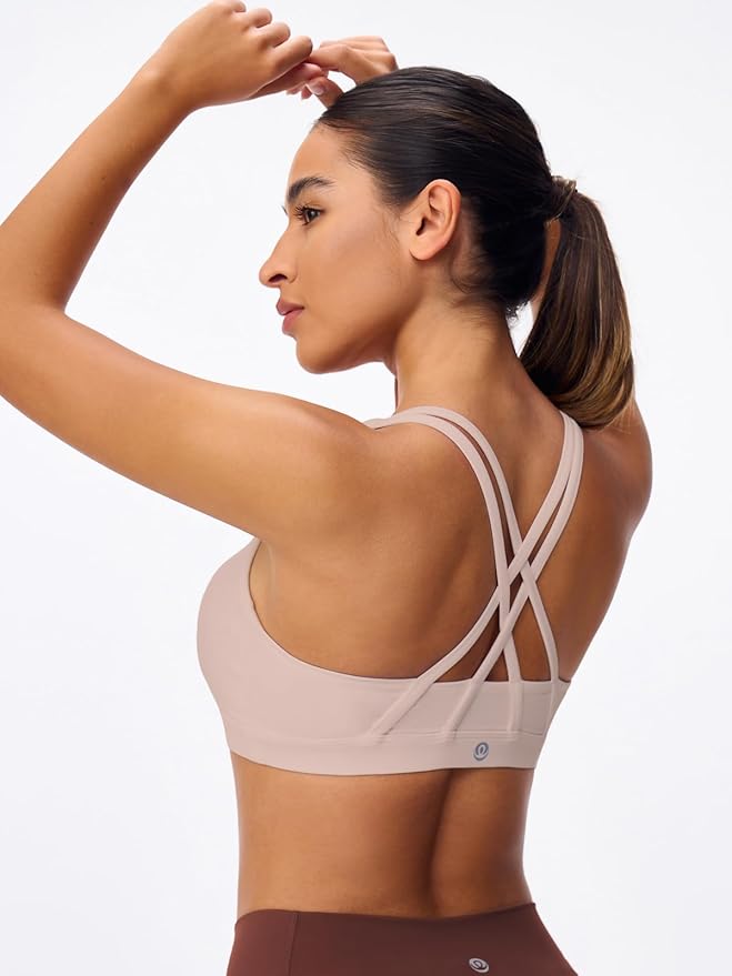 Women's Strappy Sports Bras Light Compression Crop Criss Cross Back Padded Workout Yoga Bra Supportive U Neckline