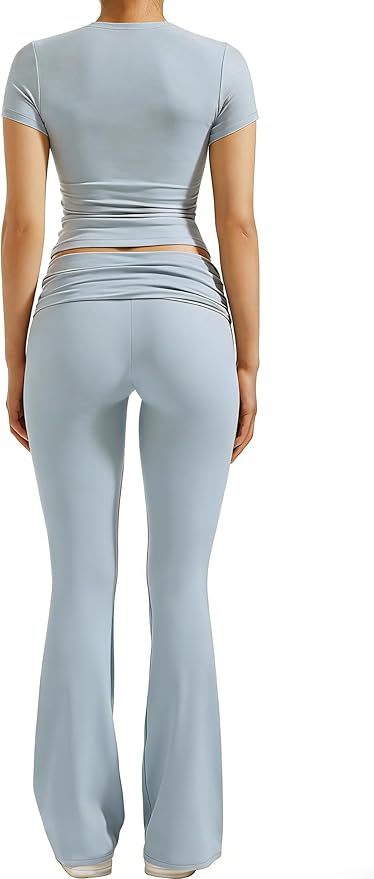YETOWA Women's 2 Piece Lounge Outfits Slim Short Sleeve Tops Low Rise Flare Leggings Sets Yoga Sweatsuit