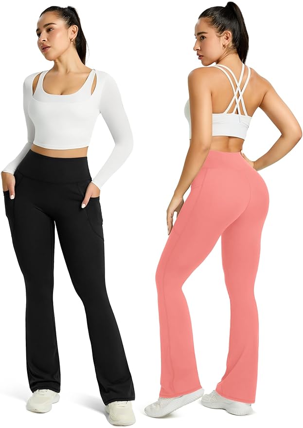 Womens Flared Yoga Pants with Pockets, High Waisted Flare Leggings Bell Bottom Bootcut Yoga Dress Pants