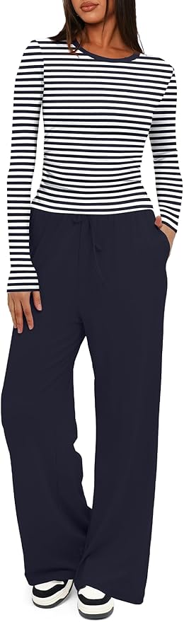 Darong Women's 2 Piece Outfits Lounge Sets 2026 Long Sleeve Tops Wide Leg Pants Casual Matching Set