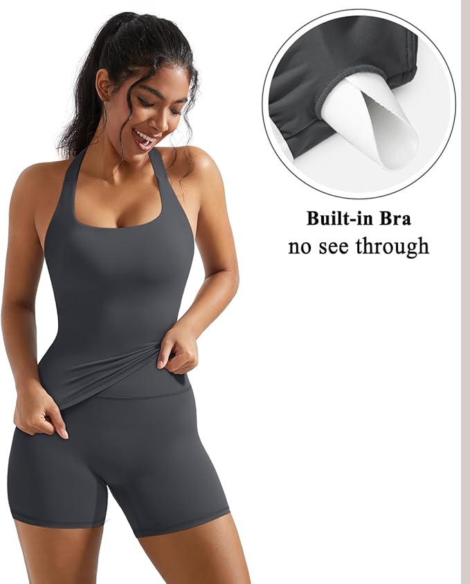 OMKAGI 2 Piece Workout Sets for Women Halter Sports Bra Tank Gym Biker Shorts Outfits