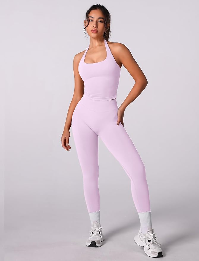 ABOCIW Workout Sets for Women Seamless Scunch Butt Lifting Impact Leggings Halter Sports Bra 2 Piece Gym Outfits