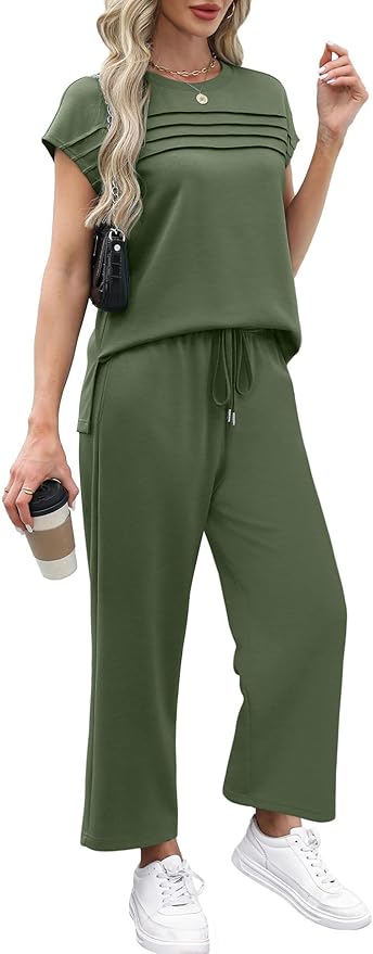 WIHOLL Two Piece Sets for Women Summer Spring Travel Vacation Outfits Cap Sleeve Lounge Matching Sets Wide Leg Pants S-3XL