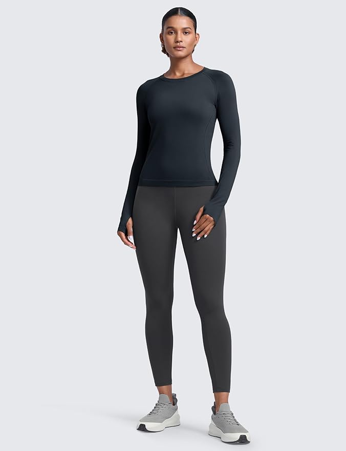 CRZ YOGA Seamless Long Sleeve Shirts for Women Waist Length - Workout Athletic Running Gym Yoga Tops Crewneck Breathable
