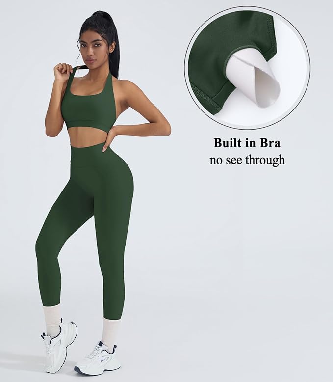 OMKAGI 2 Piece Workout Sets for Women Halter Sports Bras Gym Sets Booty Leggings Outfits