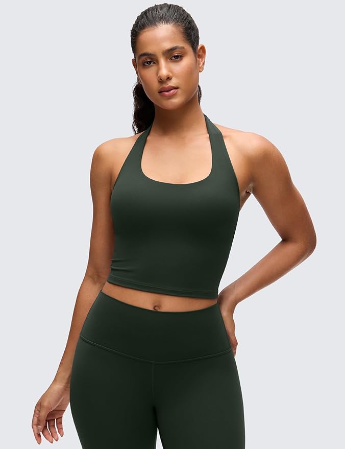 CRZ YOGA Butterluxe Halter Crop Tank Tops for Women - Open Back Padded Longline Sports Bras Workout Gym