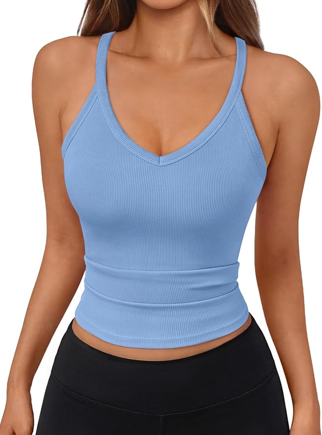Trendy Queen Womens Racerback Ribbed Tank Tops Soft Stretch V Neck Workout Casual Tops Summer Sleeveless Crop Camisole