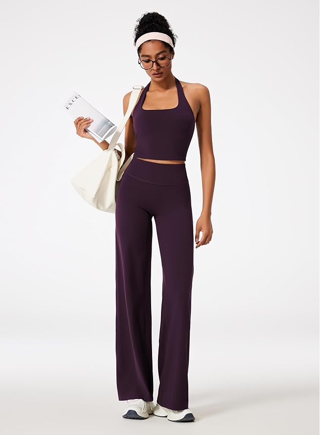 RXRXCOCO Halter Workout Sets for Women 2 Piece Padded Crop Tank Tops Straight Leg Yoga Pants Outfits with Hidden Pocket
